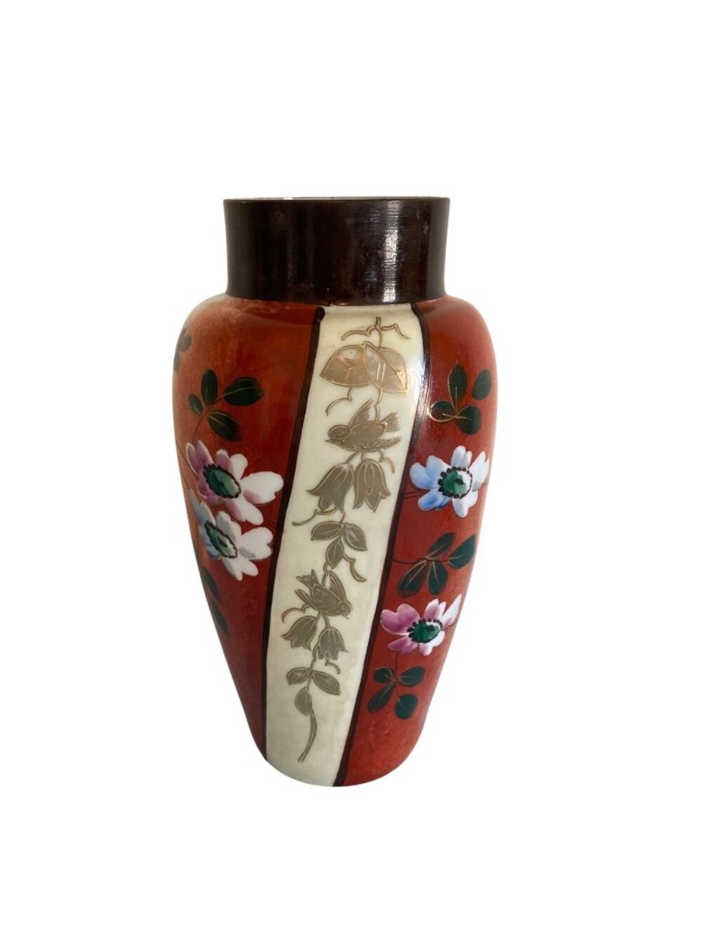 Antique Bristol Glass Vase Hand Painted Floral And Birds